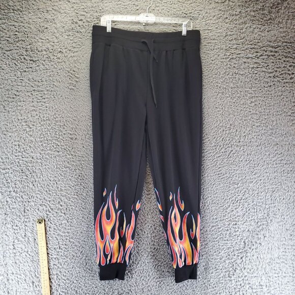 Carbon Pants Mens Medium Black Flame Graphic Drawstring Casual Joggers - Picture 1 of 10